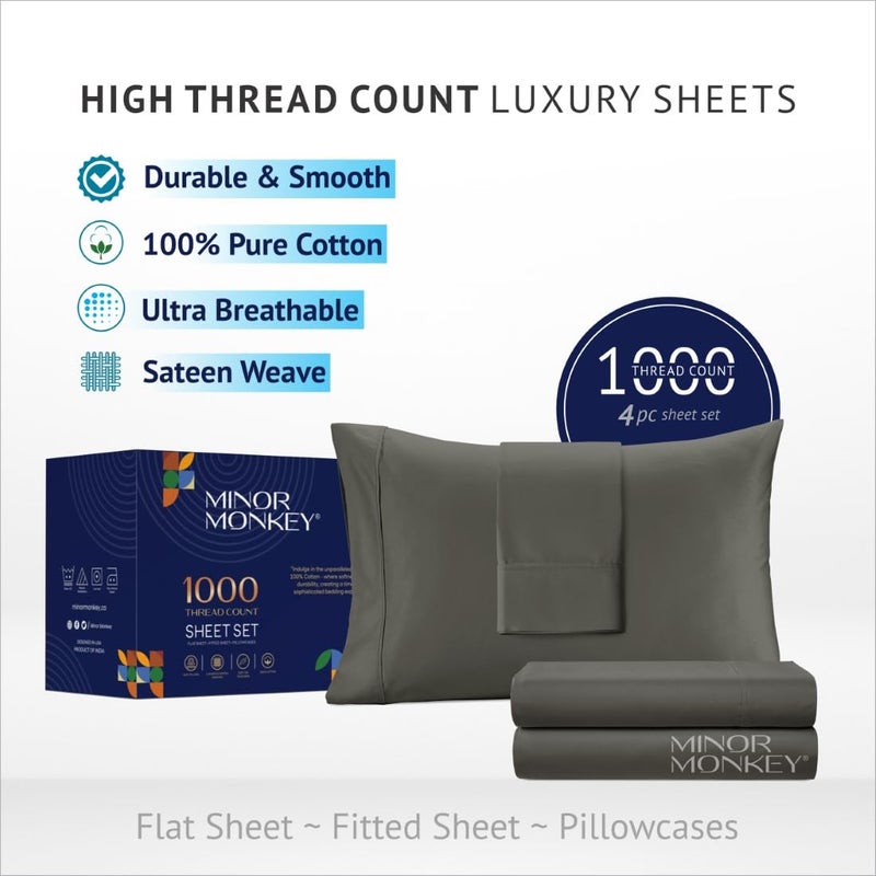Minor Monkey 100% Egyptian Cotton Sheets Queen Size, 1000 Thread Count Luxury Breathable Sheet, 4Pc Queen Size Bed Sheet Set, Long Staple 16" Deep Pocket Sheets Set: Dark Grey - Image 3